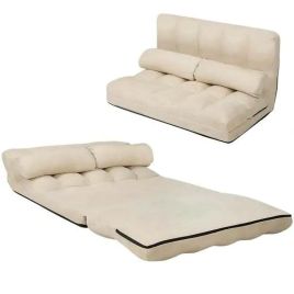 Floor Sofa Bed - 2 in 1 Folding Floor Lazy Sofa Bed with 6 Adjustable Seat Positions and 2 Pillows-Beige
