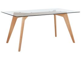 Dining Table Transparent 160 x 90 cm Glass Top Wooden Legs Rectangular Scandinavian Modern