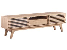 TV Stand Light Wood Storage Shelf Cabinet Cable Management Modern 