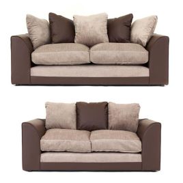DYLAN Faux Leather and Chenille Fabric 3 and 2 Seater Scatterback Sofa Set - Brown and Beige
