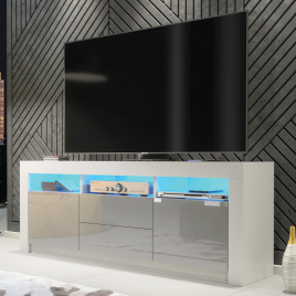 Modern TV Unit with Spacious Storage Cabinet Stand and Free LED Lighting 160cm - White and Grey