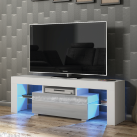 Modern TV Unit with Free LED Lighting and Ample Storage 130cm - White and Grey