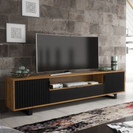 Retro Loft TV Unit with Milled Fronts and Oak Black Vintage Cabinet Cupboard Stand 200cm - Oak and Black