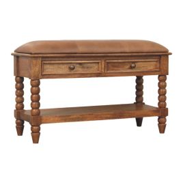 SPINDO Wooden Storage Leather Seat Bench - Medium Oak