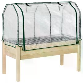 Outdoor Elevated Wood Planter Box for Herbs and Vegetables Raised Garden Bed with PE Greenhouse Cover, Use for Patio, Backyard, Balcony