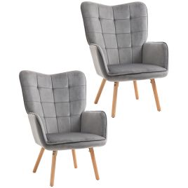 Modern Accent Chair Velvet-Touch Tufted Wingback Armchair Upholstered Leisure Lounge Sofa Club Chair with Wood Legs, Set of 2, Grey