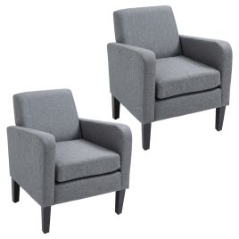 Scott Set of 2 Modern Linen Fabric Upholstery Armchairs with Rubber Wood Legs - Grey