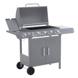 SUNVISTA 4+1 Burner Gas BBQ Grill, Outdoor Barbecue Trolley with Wheels, Warming Rack, Side Shelves, Cabinet, Thermometer for Garden, Party, Grey
