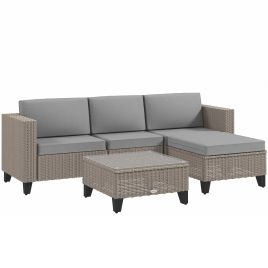 5-Piece Rattan Patio Furniture Set with Corner Sofa, Footstools, Coffee Table, for Poolside, Brown