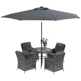 6 Pieces Garden Dining Set, 4 Seater Rattan Dining Set Outdoor with Umbrella, Cushions, Tempered Glass Top Table