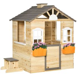 Wooden Kids Playhouse, Outdoor Garden Games Cottage with Working Door, Windows, Bench, Service Station, Flowers Pot Holder for 3-7 Years Old