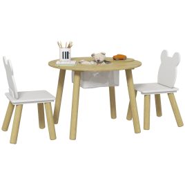 AIVAGO 3 Pieces Kids Activity Table Set with Centre Mesh Bag, Bear Shaped Backrest, for Arts, Reading, Dining