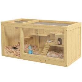 PAWSTER Wooden Hamster Cage with Water Bottle, Platforms, Openable Roof, Sliding Tray, Hut, Seesaws, Natural Wood Finish