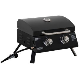 2 Burner Gas BBQ Grill Outdoor Portable Folding Tabletop Barbecue w/ Lid, Thermometer, Carbon Steel, Black