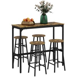 HERON 5 Piece Bar Table Set with 4 Stools, Industrial Bar Table and Stool Set, Dining Table and Chair Set, Rustic Brown
