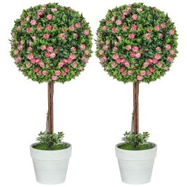 HERON Set of 2 Decorative Artificial Plants, Ball Topiary Tree with Rose Flower in Pot, Fake Plants for Home Indoor Outdoor Decor, 60cm, Pink