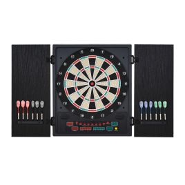 Electronic Dartboard In Case LED Scoreboard w/ 12 Darts 30 Heads Side Storage Cabinet Classic Game Family Fun Game Black White