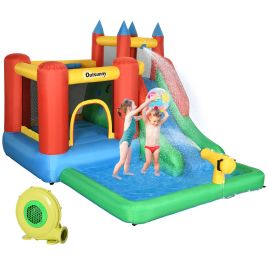 Kids Inflatable Bouncy Castle Water Slide 6 in 1 Bounce House Jumping Castle Water Pool Gun Climbing Wall Basket for Summer Playland