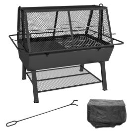 3-in-1 Charcoal Barbecue Grill, Rotisserie Roaster, Fire Pit with Storage Shelf and Mesh Lid