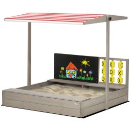 Kids Wooden Sandpit, Sandbox with Canopy & Seats, for Gardens - Grey