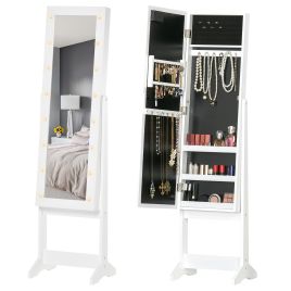 Free Standing LED Mirror Jewelry Cabinet Jewellery Armoire Floor Organiser W/ 3 Angle Adjustable for Rings Earrings Bracelets Cosmetics, White