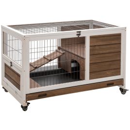 Wooden Indoor Rabbit Hutch w/ Enclosed Run Brown