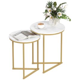 HERON Set of Two Marble-Effect Nest of Tables - White/Gold-Tone