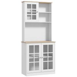 Kitchen Cupboard Sideboard Storage Cabinet Unit w/ Counter Top Grid Glass Doors Shelves 80L x 37W x 183H cm - White