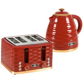 3000W 1.7L Rapid Boil Kettle & 4 Slice Toaster, Kettle and Toaster Set with 7 Browning Controls and Crumb Tray, Red