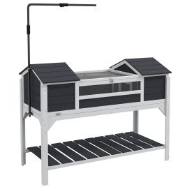 Wooden Tortoise Enclosure with Adjustable Lamp Holder, Openable Lid, Dual Main Houses, Storage Shelf, Fixed Tray - Grey