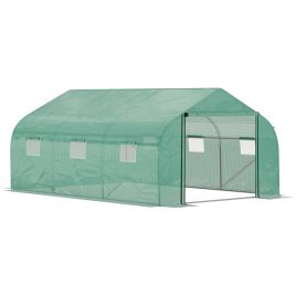 4.47 x 3 x 2m Walk-in Tunnel Greenhouse, Portable Polytunnel Tent, Plant Hot House with PE Cover, Zippered Roll Up Door and 6 Windows, Green