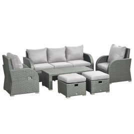 Rattan Garden Furniture 7 Seater Sofa & Coffee Table Footstool Set Outdoor Patio Wicker Weave Reclining Chair Space-saving - Light Grey