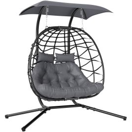 SUNVISTA Double Hanging Egg Chair with Canopy, 260kg Capacity, Cushion & Stand, Black