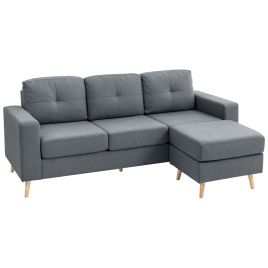 HERON L-Shaped 3-Seater Sofa with Footstool, Tufted Fabric Sectional, Wood Legs, Dark Grey