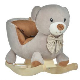 Kids Children Rocking Horse Plush Ride On Bear Seat w/ Sound Wood Base Seat Safety Belt Toddler Baby Toy Grey