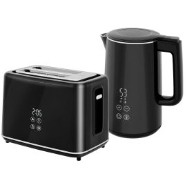 HERON Kettle and Toaster Set, 1.5L 3000W Fast Boil Kettle with Insulation & 2 Slice Toaster Kitchen Set with 7 Level Browning Controls, Black