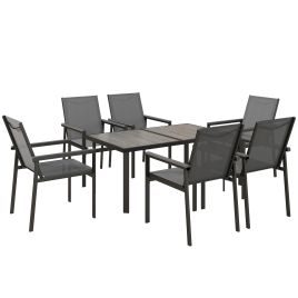 7 Pieces Garden Dining Set with Glass Top Dining Table, Outdoor Table and 6 Armchairs with Breathable Mesh Fabric Seats and Backrest, Wood-plastic Composite Armrests Top, Grey