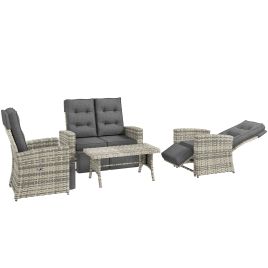 4 Piece Rattan Garden Furniture Set Outdoor Sofa Sectional Set with Glass Top Table for Yard, Poolside, Light Grey