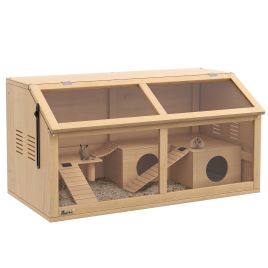 Animal Cage - Pawzy Wooden Hamster Cage with Bridge 85cm Natural 85cm