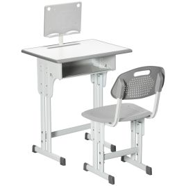 Kids Desk and Chair Set, Height Adjustable Study Table Set with Storage Drawer, Book Stand, Cup Holder, Pen Slot, Grey