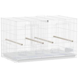 PAWSTER Bird Cage with Divider 4 Wood Perches Slide Out Tray 4 Feeders 76 x 46 x 46cm - White