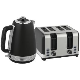 HERON Stainless Steel Kettle Toaster Set 1.7L 3000W Rapid Boil UK Strix - Black Silver