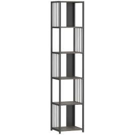 IVREN 5 Tier Bookshelf Wooden with Steel Frame - Grey