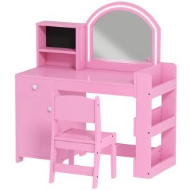 ARVION Kids Dressing Table and Chair Set with 2 Colour LED Mirror, Stool, Cabinet, Drawer and Shelves - Pink