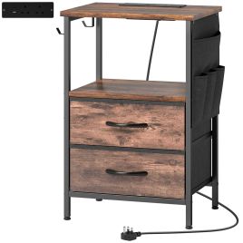 YARDWELL Bedside Table with Charging Station - Rustic Brown
