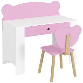 Zenel Pink Pine Wood Kids Desk and Chair Set with Drawer - 80cm