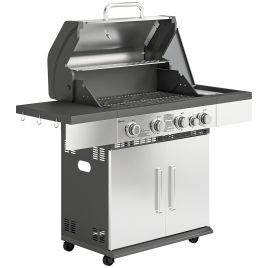 Valbury Silver Steel Barbecue Grill with Side Burner, Warming Rack - 130cm