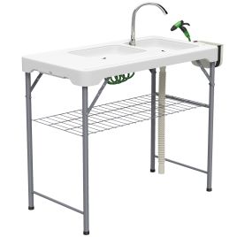 Valune White Metal Folding Fish Cleaning Table with Sinks - 58cm