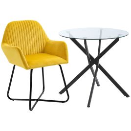 Valara Velvet Round Dining Table with Accent Armchair Set - Clear