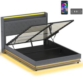 Valford Kingsize Ottoman Storage Fabric Bedframe with LED Light - Dark Grey
